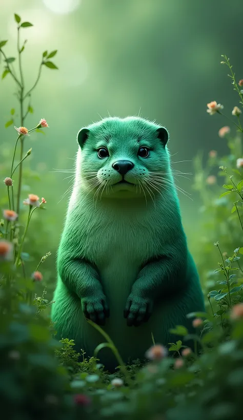 best quality, very good, 16K, ridiculous, Extremely detailed, Gorgeous transparent emerald otter background grassland（（A masterpiece full of fantasy elements）））， （（best quality））， （（Intricate details））（8k）