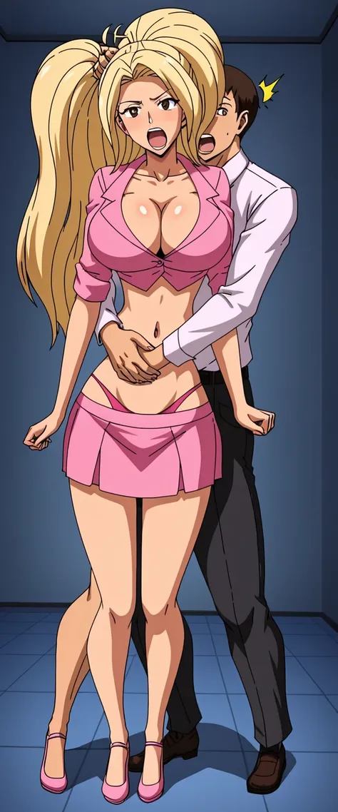 blonde hair, navel, pink crop top, collarbone, midriff, cleavage, large breasts, underwear, long hair, looking at viewer, scream...