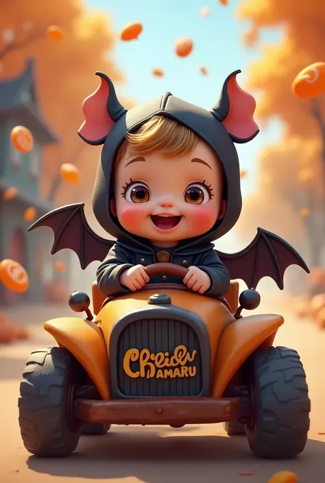 A toddler in a bat costume drives a car with a bat design, The car has a bat painted on it.,
His name is(CHACHAMARU)logo painted on the car,Driving with a smile, Cute and adorable,The background is Halloween with flying candies