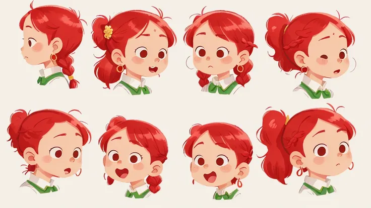 Mr.々Set of 12 funny facial expression stickers,Earrings, Simple Background, Braided Ponytail, Red Hair, 