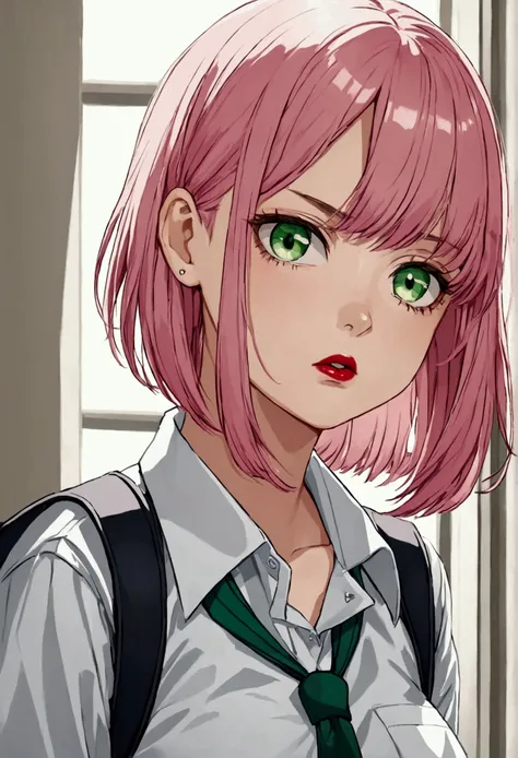 Tomboy girl with pink hair, Green eyes, red lipstick, voluptuous, school, uniforme colegial, serious face, tomboy girl, short clothes, andando pelo corredor da school.