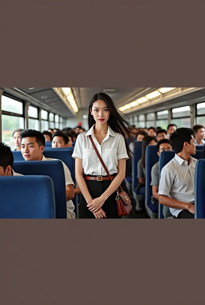 Beautiful thai woman in long black hair in mahalai uniform,white short sleeve shirt,short black pencil skirt,brown belt. She carrying a chanel brand female cross body bag and standing in a very crowded bus. All of male passengers is looking at her. SFW