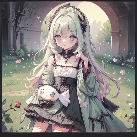 Chibi、(((Ultra-detailed eyes、Beautiful Eyes)))、Lime Background、Black clothes、Long sleeves with flared cuffs、Shoulders are exposed、One piece flare skirt、Holding a stuffed rabbit in one hand、Black and lime palette、Gothic Shoes、Front facing the viewer、Black R...