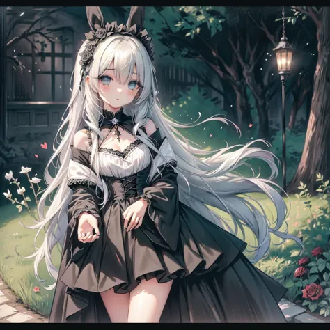 Chibi、(((Ultra-detailed eyes、Beautiful Eyes)))、Lime Background、Black clothes、Long sleeves with flared cuffs、Shoulders are exposed、One piece flare skirt、Holding a stuffed rabbit in one hand、Black and lime palette、Gothic Shoes、Front facing the viewer、Black R...