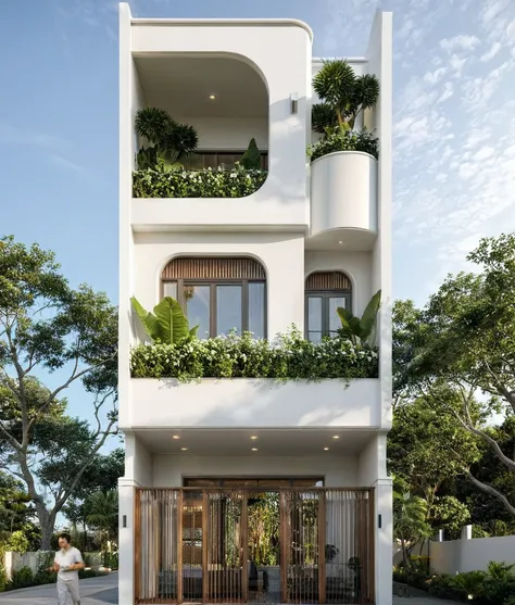 the house has 2 floors and 1 attic with a terrace. tall and narrow with modern design, steel gates and wooden details. the outsi...