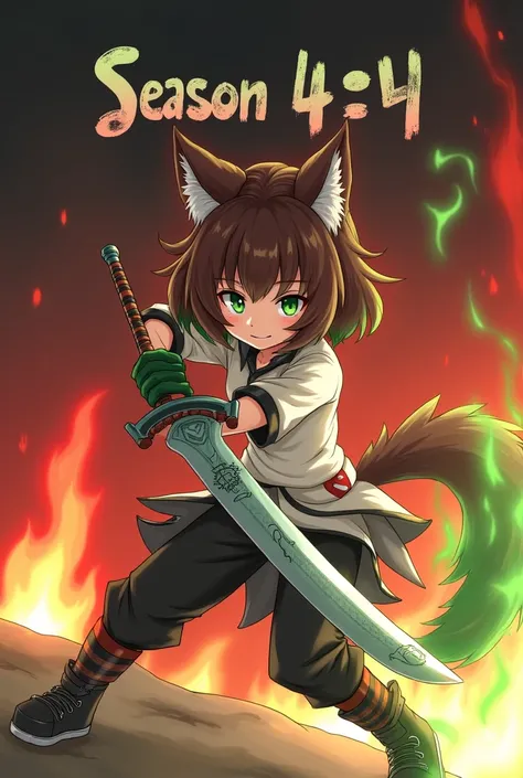 An anime girl with short hair down to her neck. My hair is brown. I have bangs on my face. I have green eyes and dark red pupils. I have white clothes and black pants. I have black shoes. I have a wolf tail and a green tail boot. I wear green gloves. I hav...