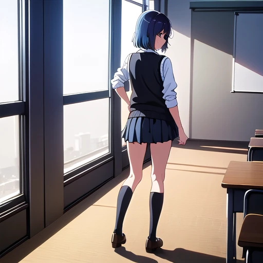 kurokawa akane (oshi no ko),  1girl, solo, blue hair, school uniform, white shirt, ((blue pleated skirt)), collared shirt, indoors, medium hair, sleeves rolled up, blue necktie, black sweater vest, Black high socks, brown loafers, School, class room, desk,...