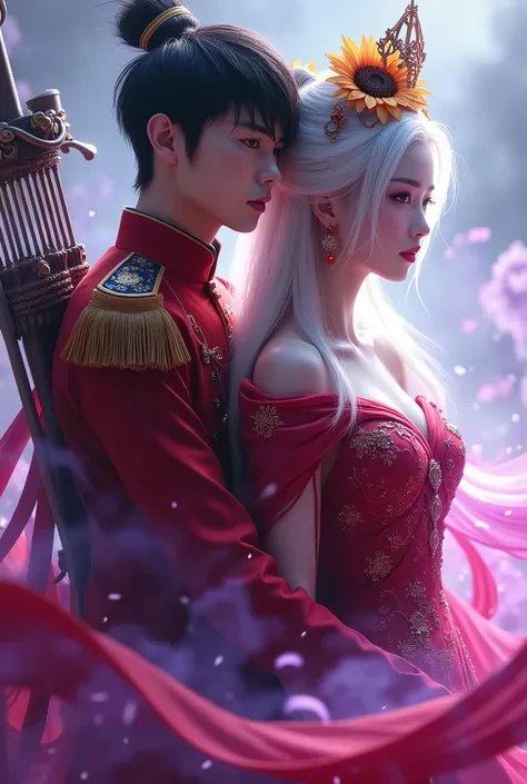 Handsome young archer in red general&#39;s uniform, clinging to the back of a white-haired queen in red Chinese dress, a sunflower crown, and purple aura surrounding her body. Both of them turn to face the audience, powerful, magnificent, 4K clear image.,a...