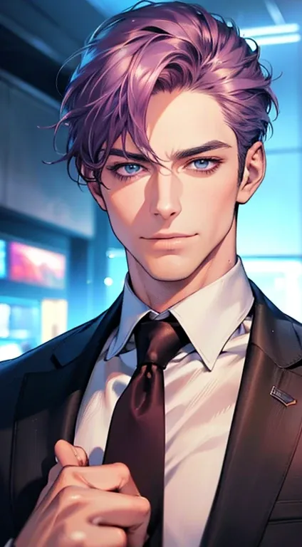 (best quality,4k,8k,highres,masterpiece:1.2),ultra-detailed,(realistic,photorealistic,photo-realistic:1.37),1 man,3,mature man,very handsome,without expression,smile,short purple hair,blue eyes,penetrating gaze,perfect face without errors,imposing posture,...