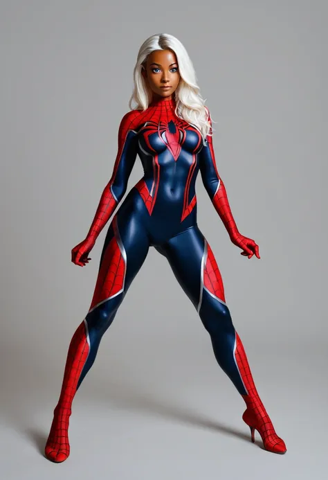 A white hair girl with blue eyes and dark brown skin with a  spider-Man suit that is white and red and black full body