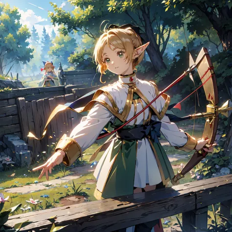 (masterpiece:1.2),(anime),(Medieval Background),(Elf Sisters)、((Preparing the bow)),((Shooting a bow))、Rogue Outfit、(Shooter)、In the woods、((Fantasy)),Fantasy、cute、Light effects,Bow in left hand,Arrow in right hand,Drawing a bow,He has a quiver on his wais...