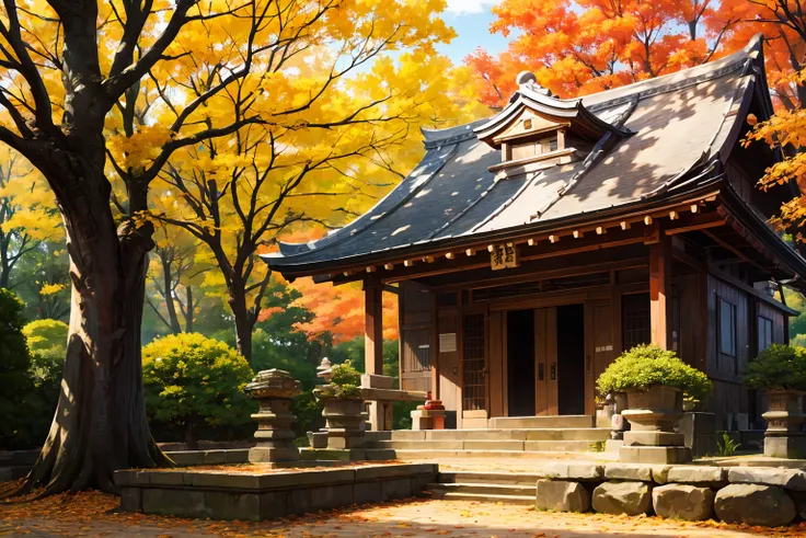 A shrine with beautiful autumn leaves。