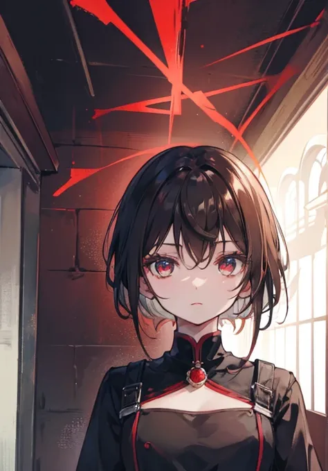 girl, brown short hair, black clothes, red eyes, beautiful, magical