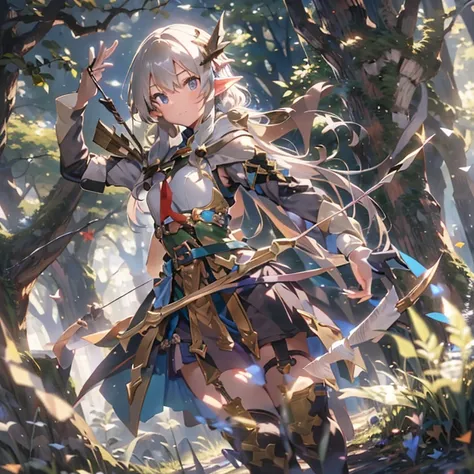 (masterpiece:1.2),(anime),(Medieval Background),(Elf Sisters)、((Preparing the bow)),((Shooting a bow))、Rogue Outfit、(Shooter)、In the woods、((Fantasy)),Fantasy、cute、Light effects,Bow in left hand,Arrow in right hand,Drawing a bow,He has a quiver on his wais...