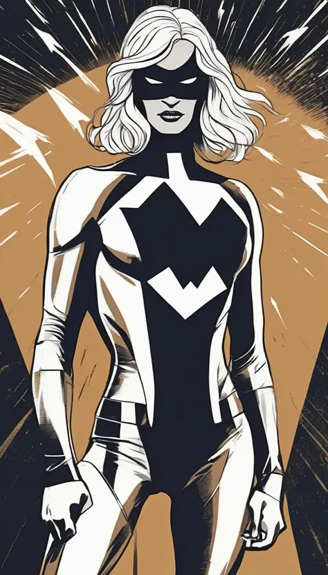 Generate a image of a tan woman with white wavy hair in a mid length bob cut, uper body, With black bangs. With a black and white superhero mask over her face, the rest of her superhero outfit is black and white, mostly white, brown eyes