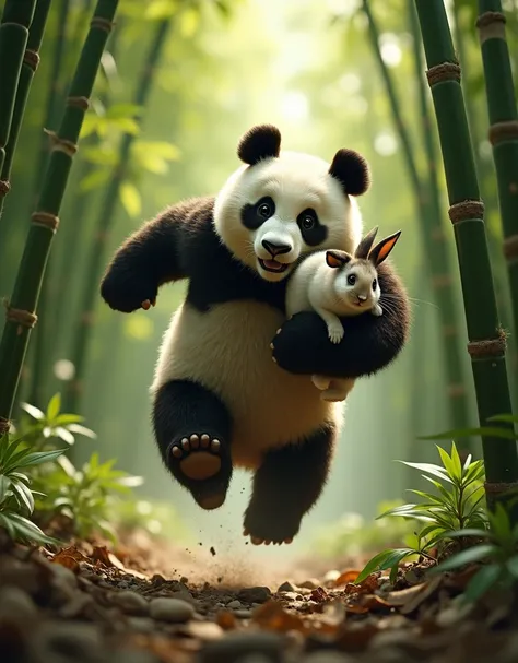 masterpiece, best quality, Photorealistic, realistic, photograph, Panda running through the bamboo forest with a rabbit in his arms