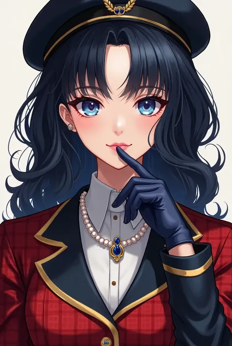 woman with wavy hair as black as night, light skin, eyes blue like the ocean, He is wearing a black beret and a scarlet red and gold checkered uniform., a white long-sleeved shirt under the uniform, a necklace of fine pearls, some dark blue gloves, a sapph...