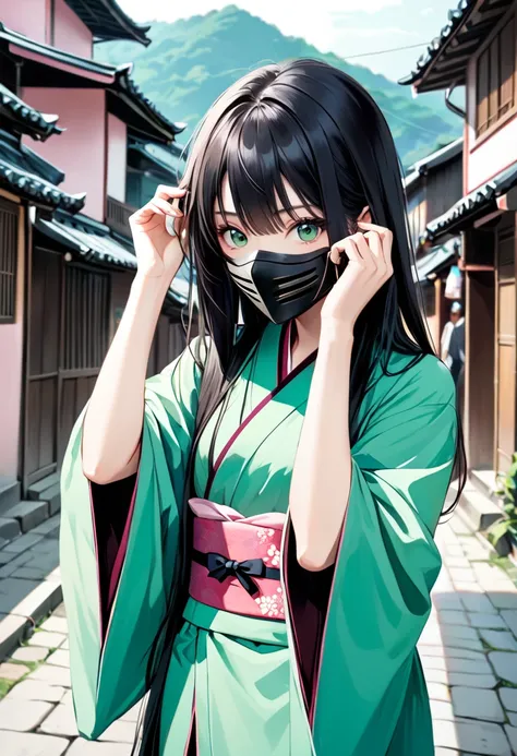 1girl, long black hair, pink and green kimono, holding a katana, mask covering face, village background, black flip flops, green eyes