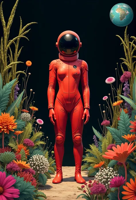 Various plants，Red body，Black background，astronaut，Earth，Broken