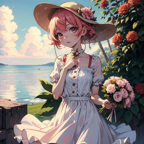 ((masterpiece, best quality)), 1girl, flower, Alone, Gasai Yuno, dress, holding, heaven, cloud, , outdoor, fringe, bouquet, rosa, Gasai Yuno, no expression, blush, pink hair, campo de floweres, flower vermelha, pink eyes, dress branco, looking at the viewe...