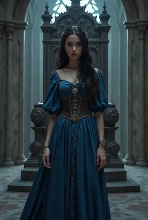 teenage woman, dark eyes dark hair long wavy, blue dress in the middle ages style background of a throne in a dark castle 