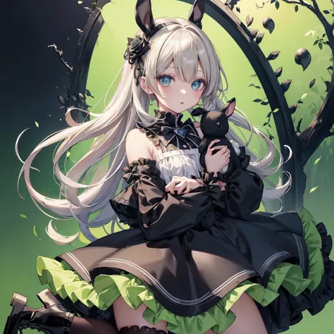 Chibi、(((Ultra-detailed eyes、Beautiful Eyes)))、Lime Background、Black clothes、Long sleeves with flared cuffs、Shoulders are exposed、One piece flare skirt、Holding a stuffed rabbit in one hand、Black and lime palette、Gothic Shoes、Front facing the viewer、Black R...