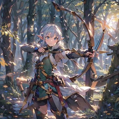 (masterpiece:1.2),(anime),(Medieval Background),(Elf Sisters)、((Preparing the bow)),((Shooting a bow))、Rogue Outfit、(Shooter)、In the woods、((Fantasy)),Fantasy、cute、Light effects,Bow in left hand,He is trying to grab the arrow with his right hand.,Drawing a...