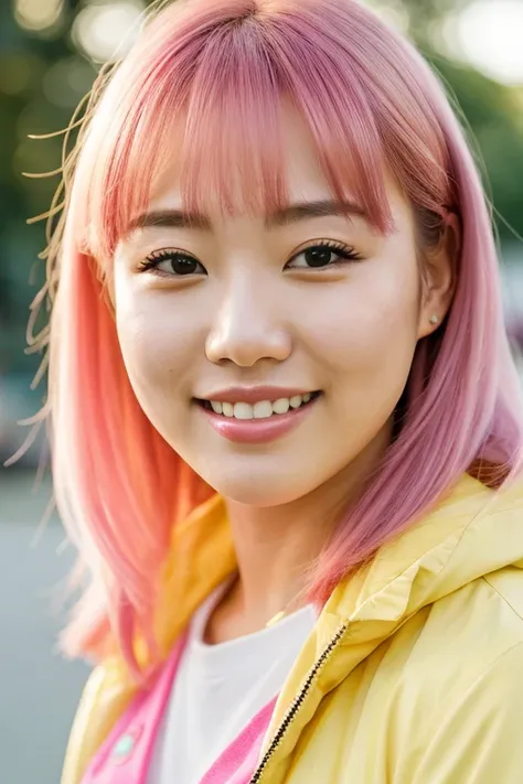 A close-up portrait of a pink-haired Korean girl, beautiful smile and look expressing happiness, full lips, super humanized. She is wearing yellow cosplay jacket. (Realistic character), best quality, 4K,8k,highres,masterpiece:1.2),ultra-detailed, (realisti...