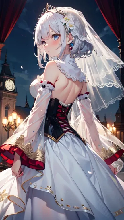 ((Highly detailed CG uniform 8k wallpaper)), masterpiece, Super detailed, floating, High resolution, Sexual suggestion, (small, Extremely long white hair, Princess, white magician, blue eyes, (Beautiful long white and red sheer tiered maxi dress，Long parte...