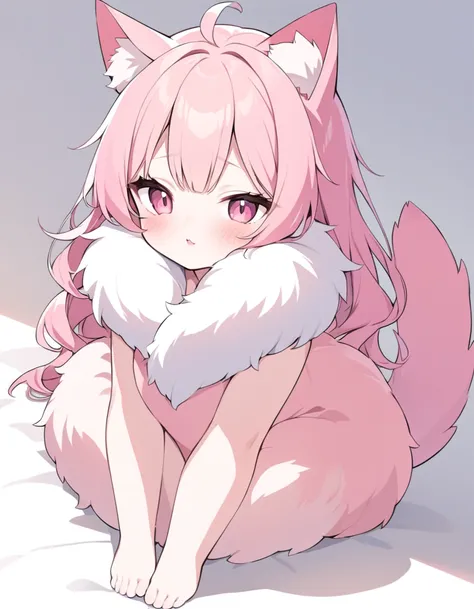 A half-human cat with pink hair and a very fluffy tail 