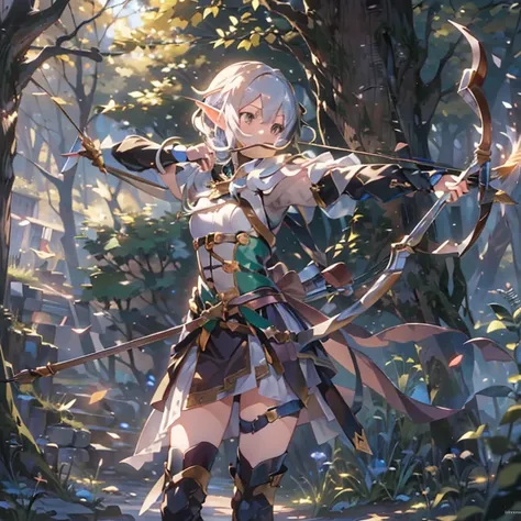 (masterpiece:1.2),(anime),(Medieval Background),(Elf Sisters)、((Preparing the bow)),((Shooting a bow))、Rogue Outfit、(Shooter)、In the woods、((Fantasy)),Fantasy、cute、Light effects,Bow in left hand,He is trying to grab the arrow with his right hand.,Drawing a...