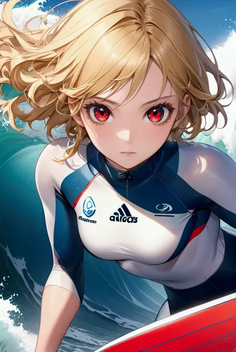 1girl, High Resolution, Looking at viewer, Blonde Hair, Red Eyes, Surfing on big Wave Masterpiece, High Resolution, Accurate, Award Winning, Best Quality, Detail, HD, Textured Skin, Super Detailed, 