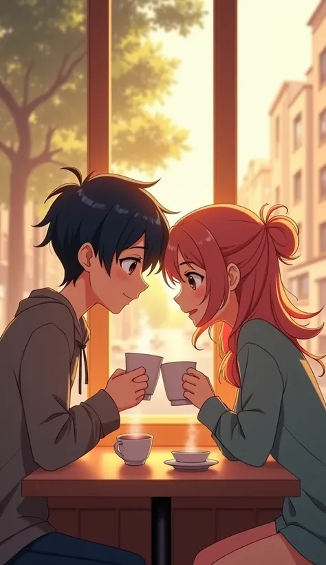 A 20 year old  anime boy and a 17 year old anime girl is eating coffee in a cafe a