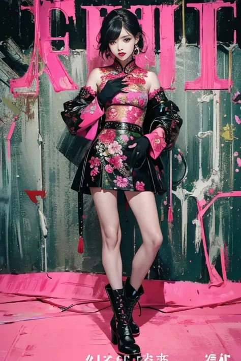 (masterpiece:1.2, best quality), (Vogue magazine cover), bold cheongsam reimagined with punk elements, short flared skirt, black leather accents, metal studs on the collar, (graffiti-style traditional patterns on the fabric), (model wearing fingerless glov...