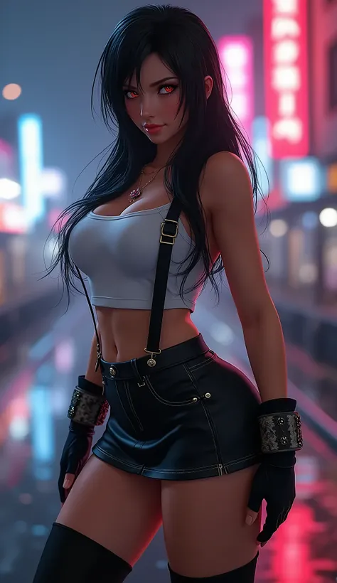 (8K, best quality, masterpiece:1.2), (actual, photo-actual), Super detailed, 1 girl,Lovely, alone, (Tifa Lockhart), (huge breasts), (Smile:1.2), (Keep your mouth shut), posture, 摆posture, neon lights, city View, depth of field, depth of field, good composi...