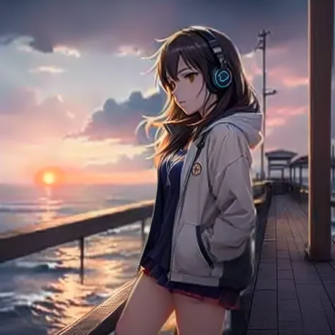 Anime girl listening to music with headphones on a pier at sunset, Anime Atmosphere, Makoto Shinkai style, Makoto Shinkai art style, Makoto Shinkai. —h 2160, studio glibly Makoto Shinkai, Makoto Shinkai!!, in style of Makoto Shinkai, Makoto Shinkai!, style...