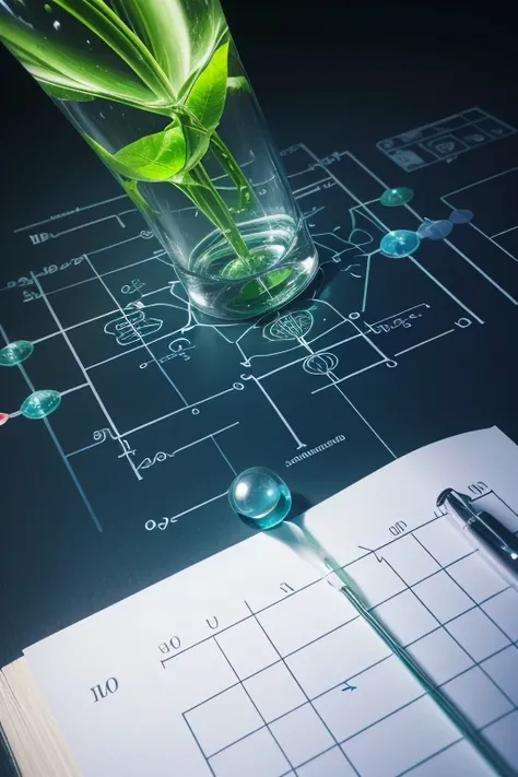 symbolic image representing the study of biology, Chemistry and mathematics through simple graphs, using bright colors