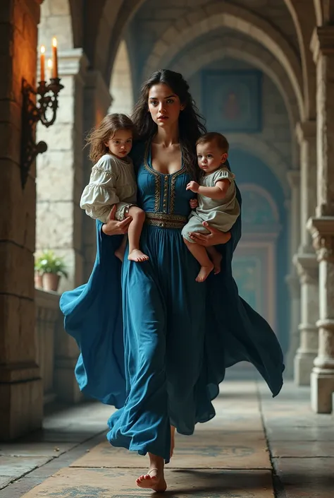 Teenage woman with long dark wavy hair, dark eyes, blue medieval style dress covering the entire body with a cape at the back, holding two s a child and a baby, running through a castle 