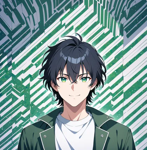 a man in a jacket standing in front of a sky, shirt, black hair, hair between eyes, closed mouth, green eyes, white shirt, upper body, green jacket, Solo, smile, OP Art, anime style, accurate, anatomically correct, high resolution, super detailed