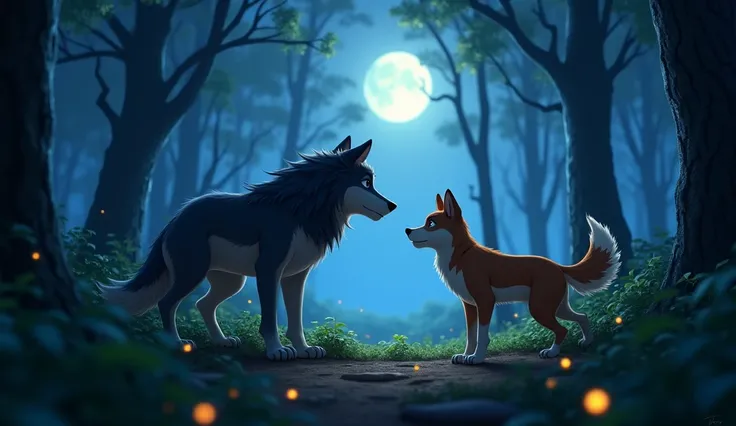 The Encounter: "In a dense, moonlit forest, Jugnu the wolf and Mintu the dog face each other with wary curiosity. Shadows of tall trees surround them as they silently decide to investigate together." Create disney pirxar image 