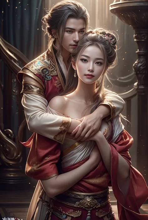 (best quality, Excellent details, masterpiece, Representative works, Official artwork, Professional, Soup details, 8k:1.3), (Photorealism:1.2), (pair, Beautiful girls and boys), pairรักในทะเลดอกไม้, Handsome man hugs beautiful woman from behind, Smile and ...