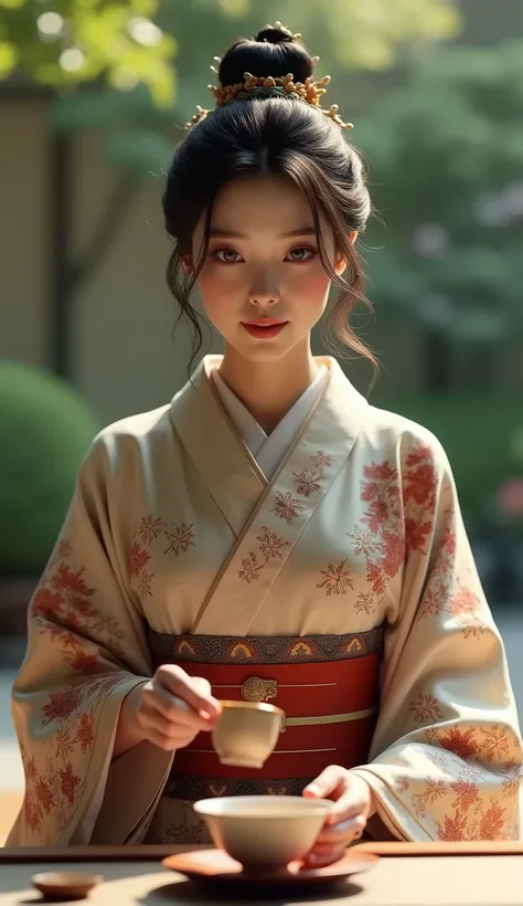 a traditional japanese tea ceremony, a woman in kimono serving tea, beautiful detailed eyes, beautiful detailed lips, extremely detailed face, intricate kimono pattern, delicate tea set, zen garden, natural lighting, muted color palette, cinematic composit...