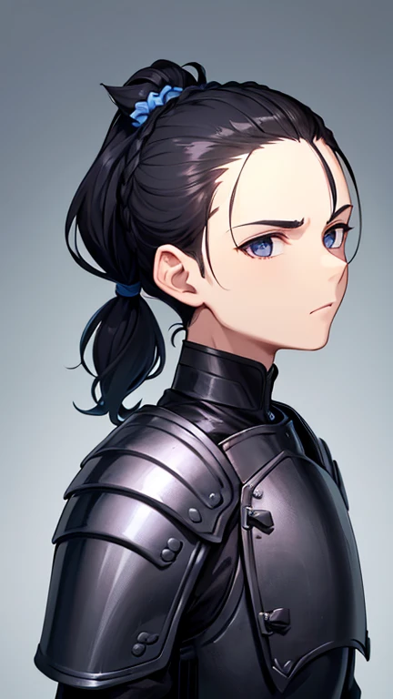 (DETAILED), (((normal boy))), ((pelo negro rizado ponytail hairstyle)), ((ponytail hairstyle)), (calm face), (((The whole body))), ((male)), ((Only one person)), Black medieval plate armor with blue details