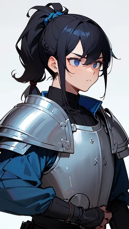 (DETAILED), (((normal boy))), ((pelo negro rizado ponytail hairstyle)), ((ponytail hairstyle)), (calm face), (((The whole body))), ((male)), ((Only one person)), Black medieval plate armor with blue details