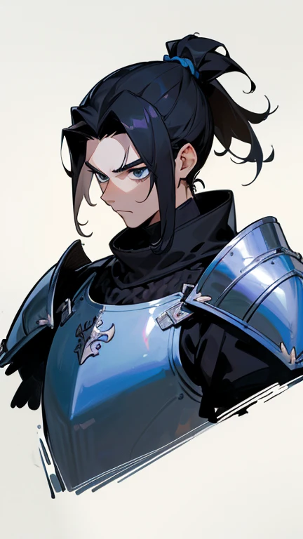 (DETAILED), (((normal boy))), ((pelo negro rizado ponytail hairstyle)), ((ponytail hairstyle)), (calm face), (((The whole body))), ((male)), ((Only one person)), Black medieval plate armor with blue details