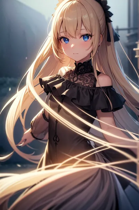 beautiful girl with long blonde Twin tail hairstyle, black ribbons in hair, blues eyes, small chest, wearing a short off shoulder white dress with frills, hyperrealistic, highly detailed, 8k, photorealistic, intricate, cinematic lighting, serene lighting, ...