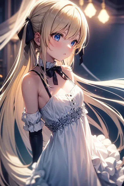 beautiful girl with long blonde Twin tail hairstyle, black ribbons in hair, blues eyes, small chest, wearing a short off shoulder white dress with frills, hyperrealistic, highly detailed, 8k, photorealistic, intricate, cinematic lighting, serene lighting, ...