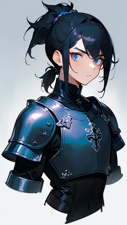 (DETAILED), (((normal boy))), ((pelo negro rizado ponytail hairstyle)), ((ponytail hairstyle)), (calm face), (((The whole body))), ((male)), ((Only one person)), Black medieval leather and metal armor with blue details