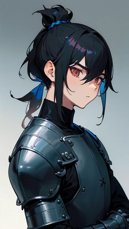 (DETAILED), (((normal boy))), ((pelo negro rizado ponytail hairstyle)), ((ponytail hairstyle)), (calm face), (((The whole body))), ((male)), ((Only one person)), Black medieval leather and metal armor with blue details