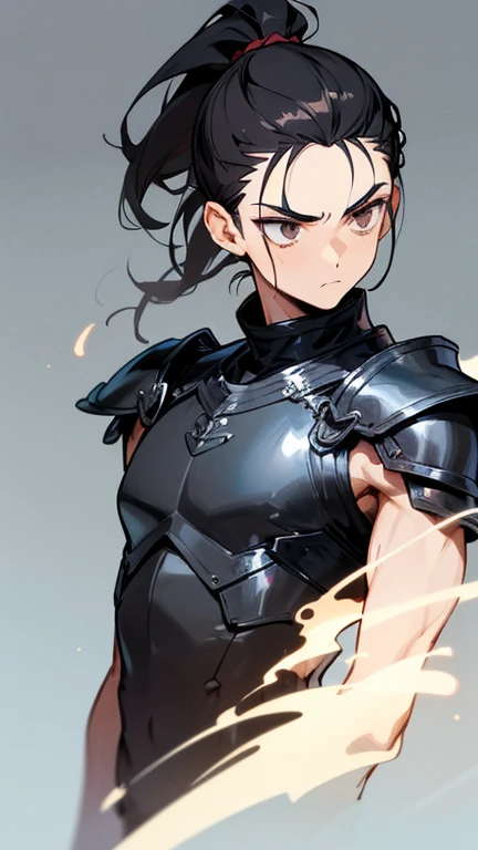 (DETAILED), (((normal boy))), ((pelo negro rizado ponytail hairstyle)), ((ponytail hairstyle)), (calm face), (((The whole body))), ((male)), ((Only one person)), leather and metal mage armor 